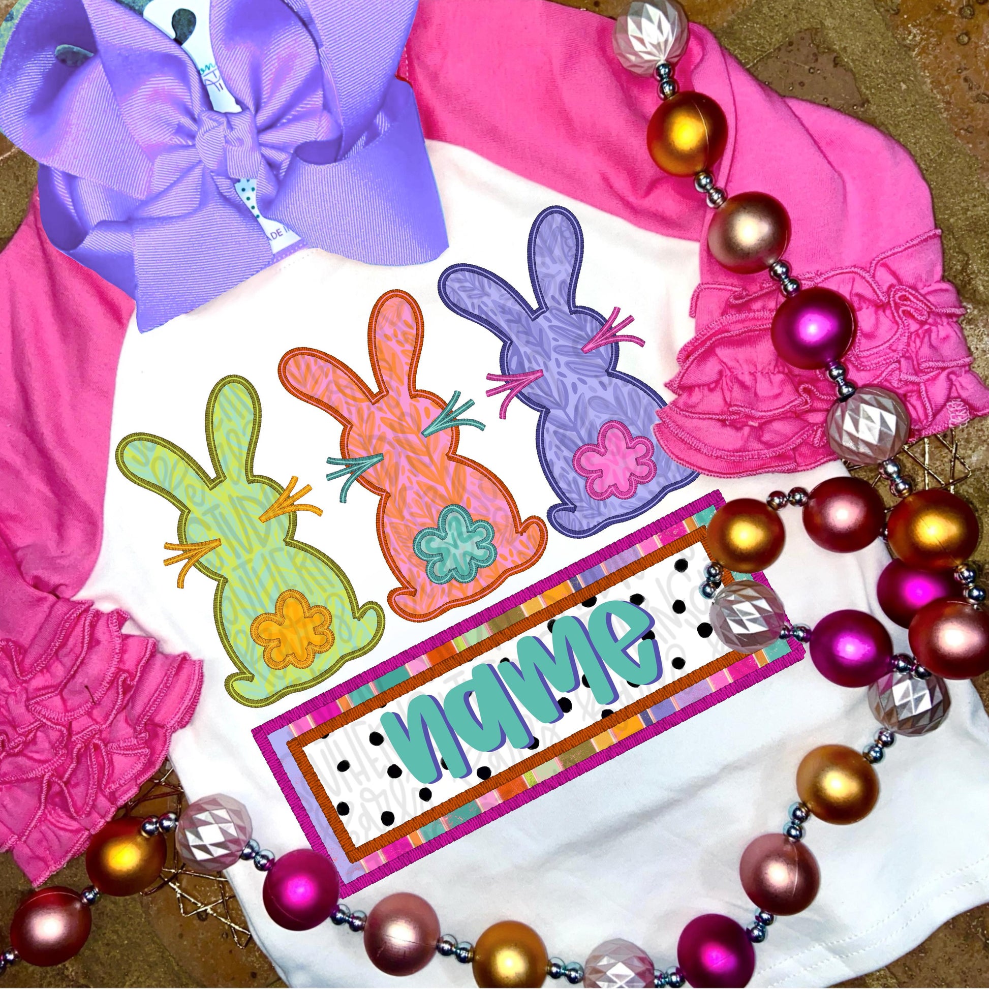 Faux embroidered Easter Bunny trio with Name Patch girl | Sublimation Design | Digital Download | Women’s, Kids Shirt PNG