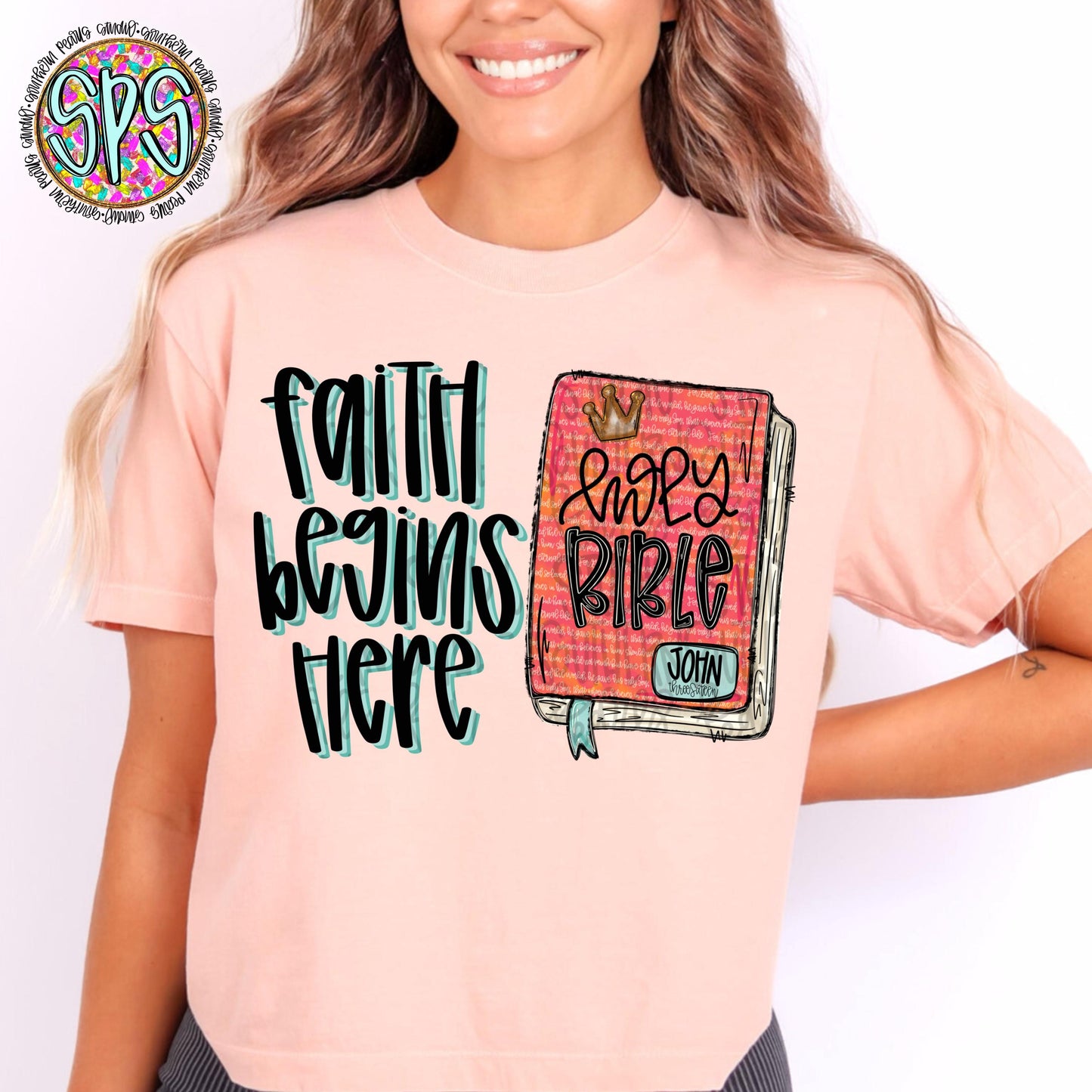 Faith begins Here | Holy Bible John 3:16 | Sublimation Design | Digital Download | Women’s, Kids Shirt PNG