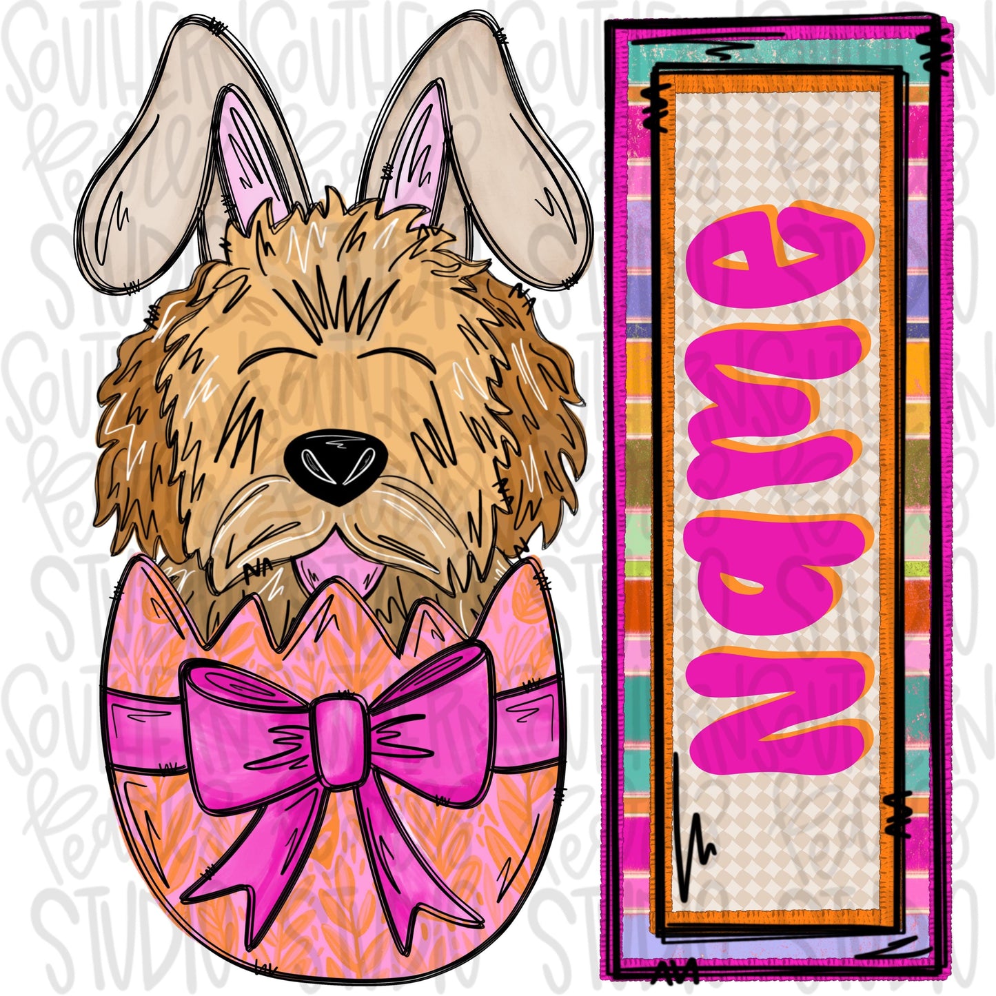 Easter dog in egg with bunny ears and name patch girl Goldendoodle | Sublimation Design | Digital Download | Women’s, Kids Shirt PNG
