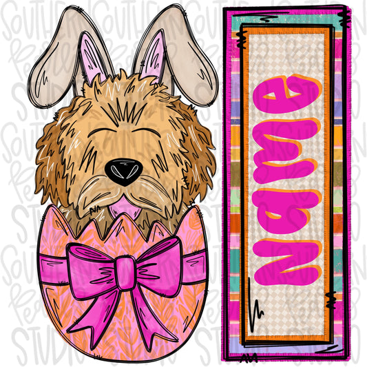 Easter dog in egg with bunny ears and name patch girl Goldendoodle | Sublimation Design | Digital Download | Women’s, Kids Shirt PNG
