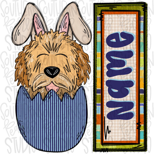 Easter dog in egg with bunny ears and name patch boy Goldendoodle | Sublimation Design | Digital Download | Women’s, Kids Shirt PNG