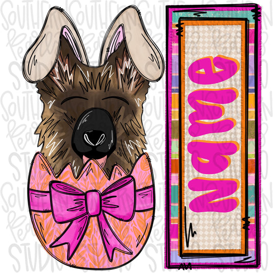 Easter dog in egg with bunny ears and name patch girl German shepherd | Sublimation Design | Digital Download | Women’s, Kids Shirt PNG