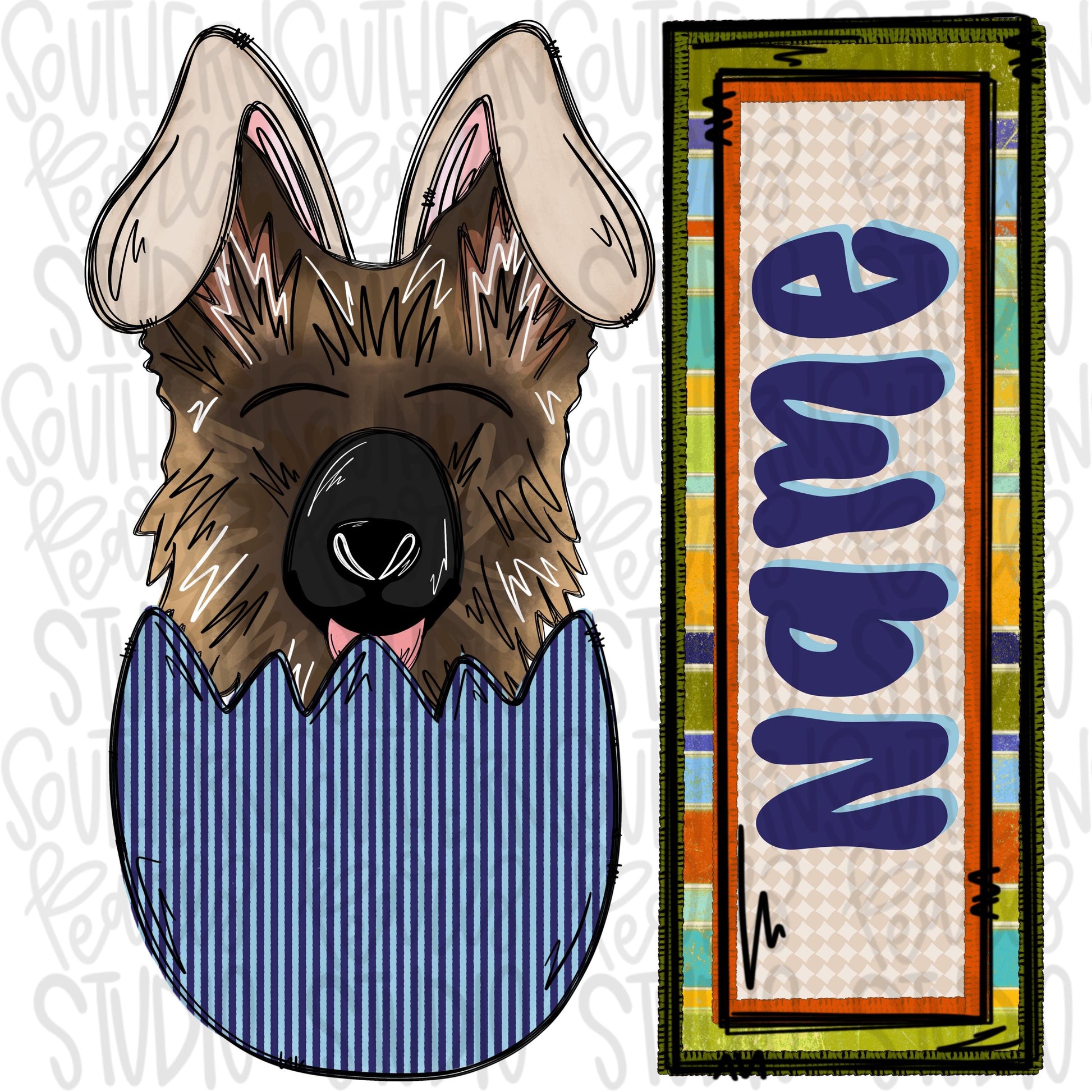 Easter dog in egg with bunny ears and name patch boy German shepherd | Sublimation Design | Digital Download | Women’s, Kids Shirt PNG