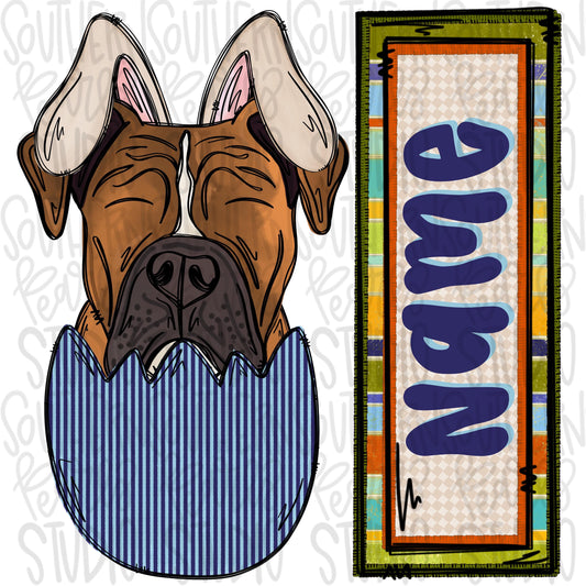 Easter dog in egg with bunny ears and name patch boy boxer | Sublimation Design | Digital Download | Women’s, Kids Shirt PNG
