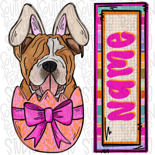 Easter dog in egg with bunny ears and name patch girl bulldog | Sublimation Design | Digital Download | Women’s, Kids Shirt PNG