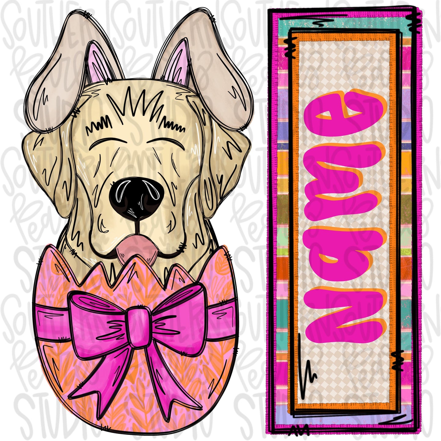 Easter dog in egg with bunny ears and name patch girl yellow lab | Sublimation Design | Digital Download | Women’s, Kids Shirt PNG