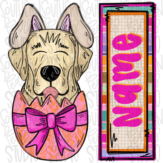 Easter dog in egg with bunny ears and name patch girl yellow lab | Sublimation Design | Digital Download | Women’s, Kids Shirt PNG