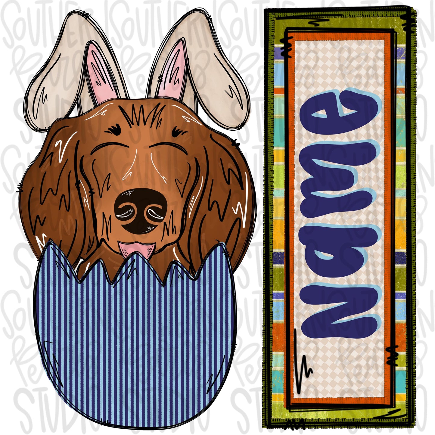 Easter dog in egg with bunny ears and name patch boy dachshund | Sublimation Design | Digital Download | Women’s, Kids Shirt PNG