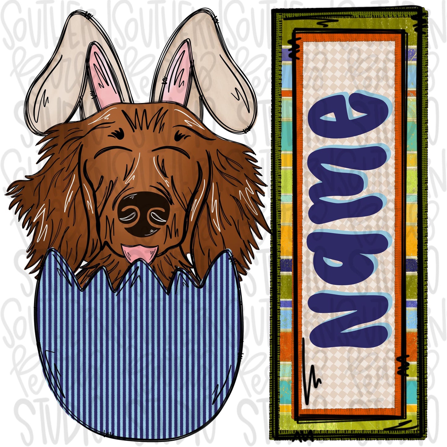 Easter dog in egg with bunny ears and name patch boy long hair dachshund | Sublimation Design | Digital Download | Women’s, Kids Shirt PNG