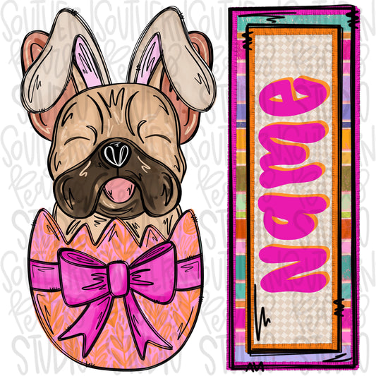 Easter dog in egg with bunny ears and name patch girl frenchie | Sublimation Design | Digital Download | Women’s, Kids Shirt PNG