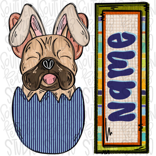 Easter dog in egg with bunny ears and name patch boy frenchie | Sublimation Design | Digital Download | Women’s, Kids Shirt PNG