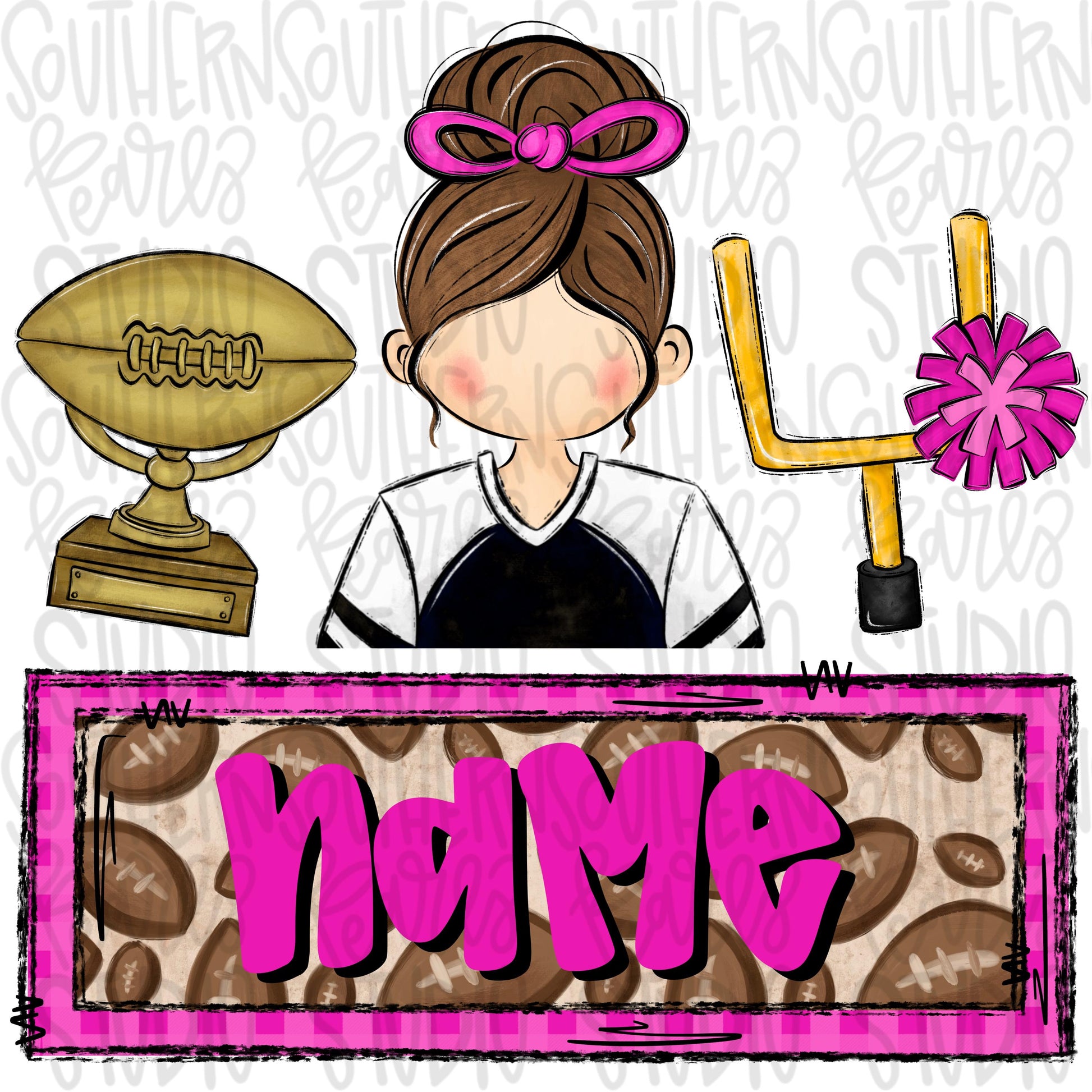 football trio with name patch | trophy brunette girl goal post | Sublimation Design | Digital Download | Women’s, Kids Shirt PNG