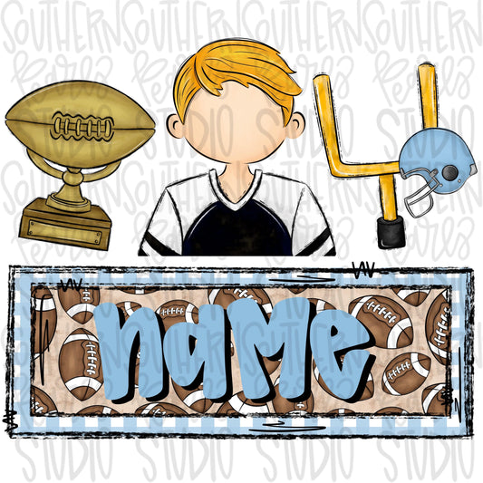 football trio with name patch | trophy blonde boy goal post | Sublimation Design | Digital Download | Women’s, Kids Shirt PNG