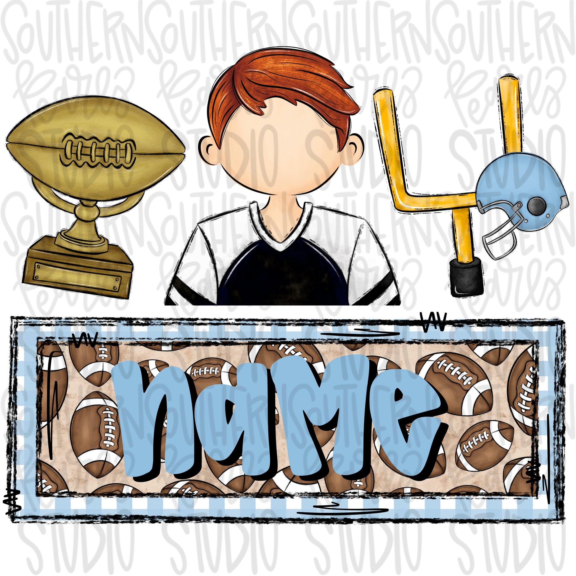 football trio with name patch | trophy red head boy goal post | Sublimation Design | Digital Download | Women’s, Kids Shirt PNG