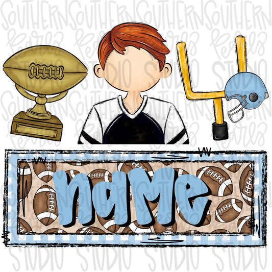 football trio with name patch | trophy red head boy goal post | Sublimation Design | Digital Download | Women’s, Kids Shirt PNG