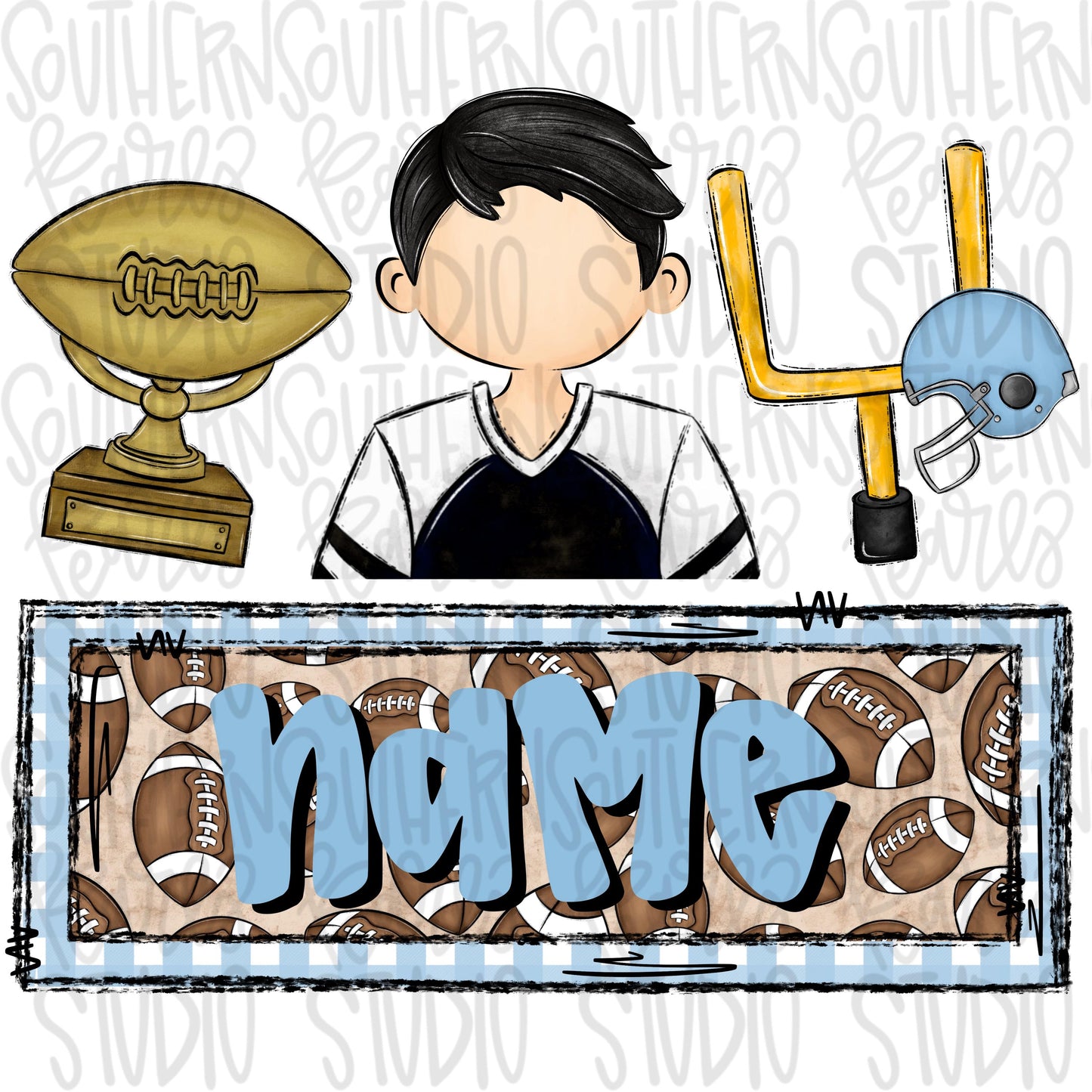football trio with name patch | trophy black hair boy goal post | Sublimation Design | Digital Download | Women’s, Kids Shirt PNG