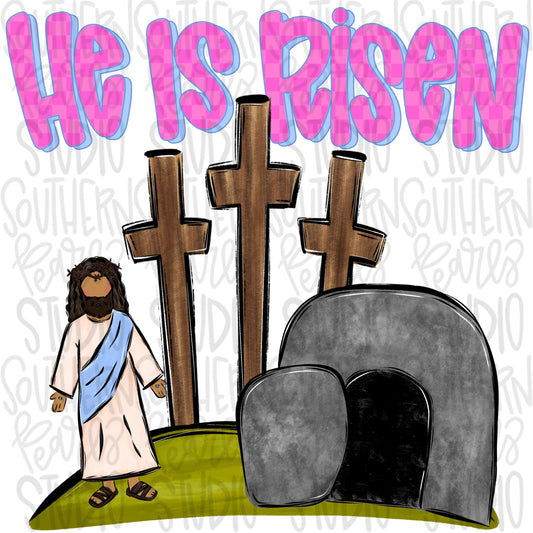 He is Risen | Jesus 3 crosses empty tomb | Sublimation Design | Digital Download | Women’s, Kids Shirt PNG
