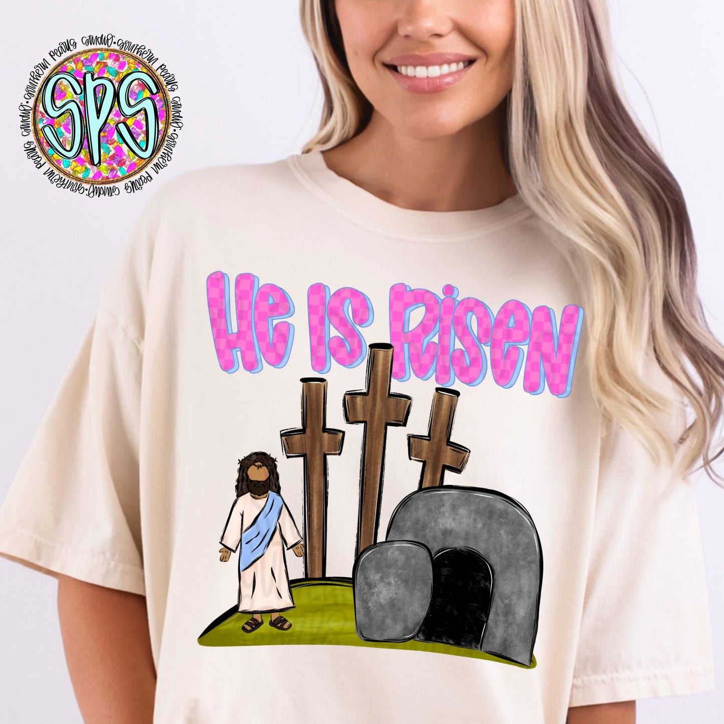 He is Risen | Jesus 3 crosses empty tomb | Sublimation Design | Digital Download | Women’s, Kids Shirt PNG