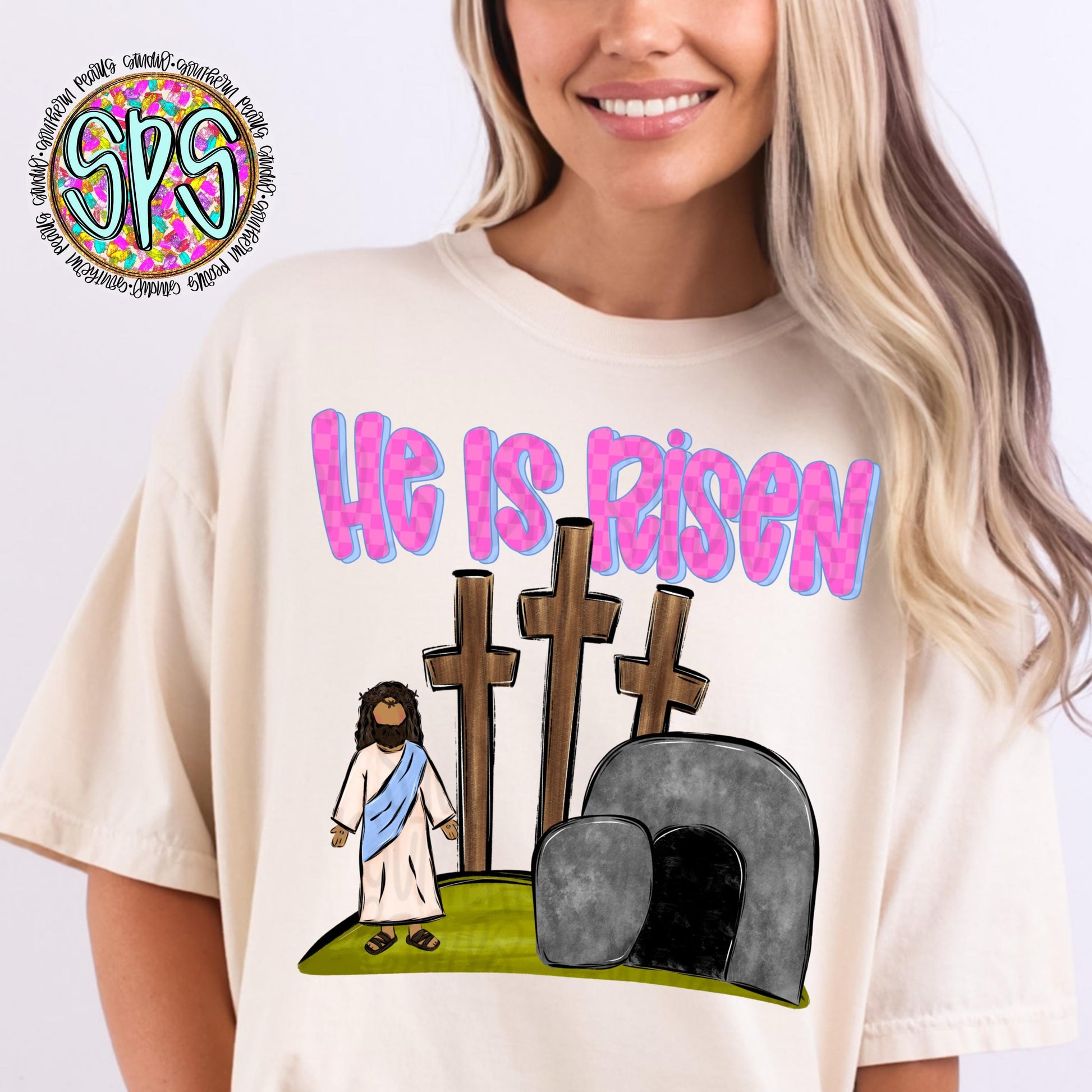He is Risen | Jesus 3 crosses empty tomb | Sublimation Design | Digital Download | Women’s, Kids Shirt PNG