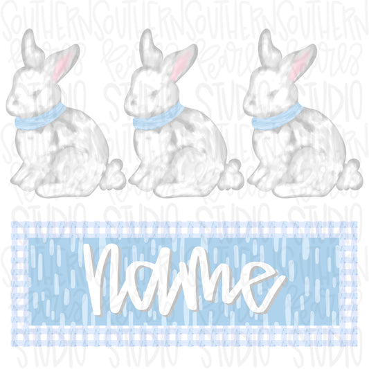 Sweet three easter bunnies with name patch boy | blue and white | Sublimation Design | Digital Download | Women’s, Kids Shirt PNG