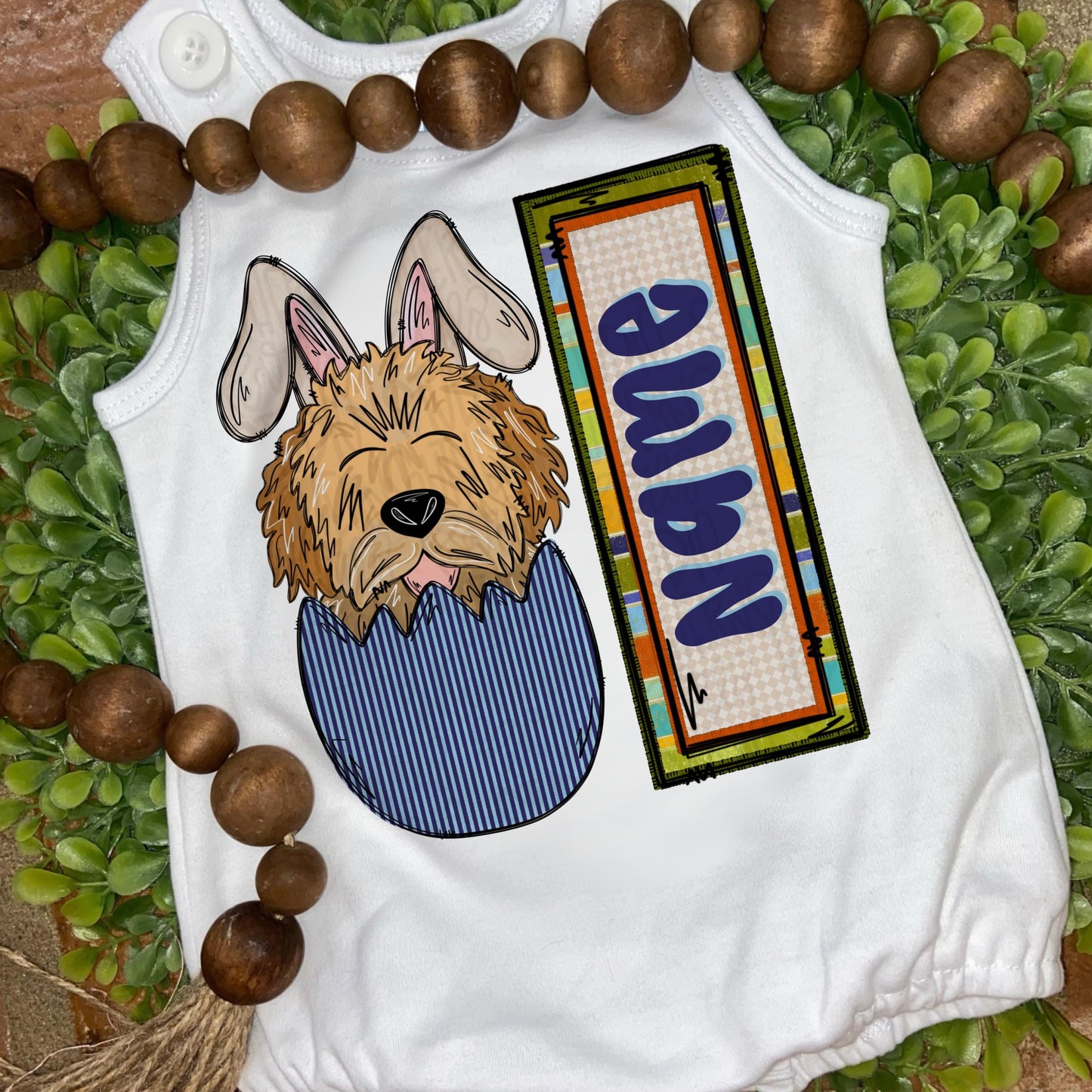 Easter dog in egg with bunny ears and name patch boy Goldendoodle | Sublimation Design | Digital Download | Women’s, Kids Shirt PNG