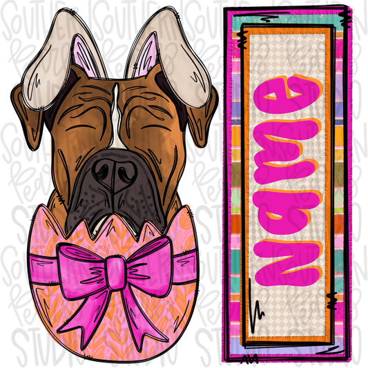 Easter dog in egg with bunny ears and name patch girl boxer | Sublimation Design | Digital Download | Women’s, Kids Shirt PNG