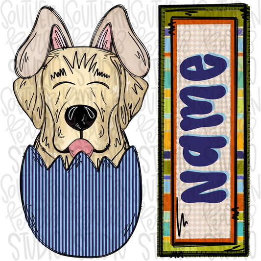 Easter dog in egg with bunny ears and name patch boy yellow lab | Sublimation Design | Digital Download | Women’s, Kids Shirt PNG