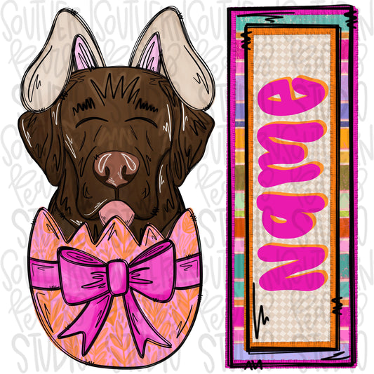 Easter dog in egg with bunny ears and name patch girl chocolate lab | Sublimation Design | Digital Download | Women’s, Kids Shirt PNG