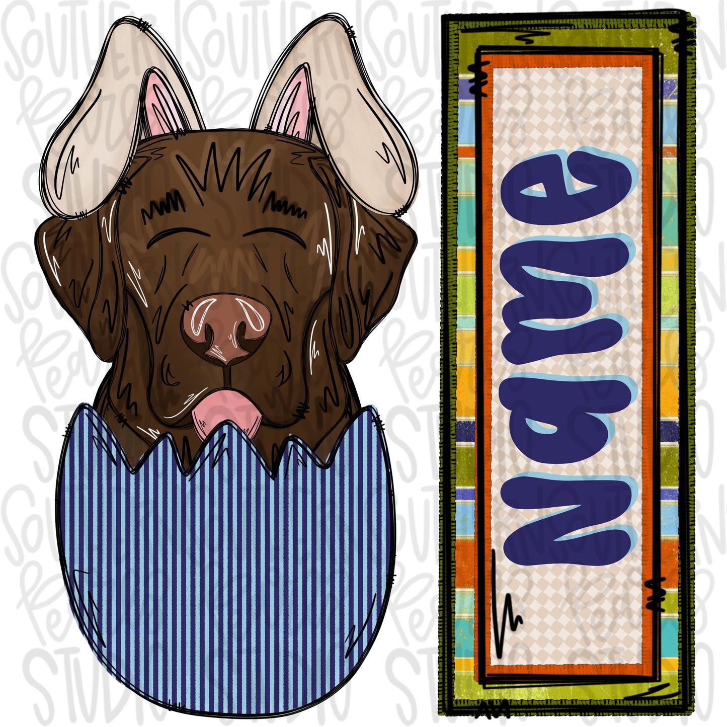 Easter dog in egg with bunny ears and name patch boy chocolate lab | Sublimation Design | Digital Download | Women’s, Kids Shirt PNG