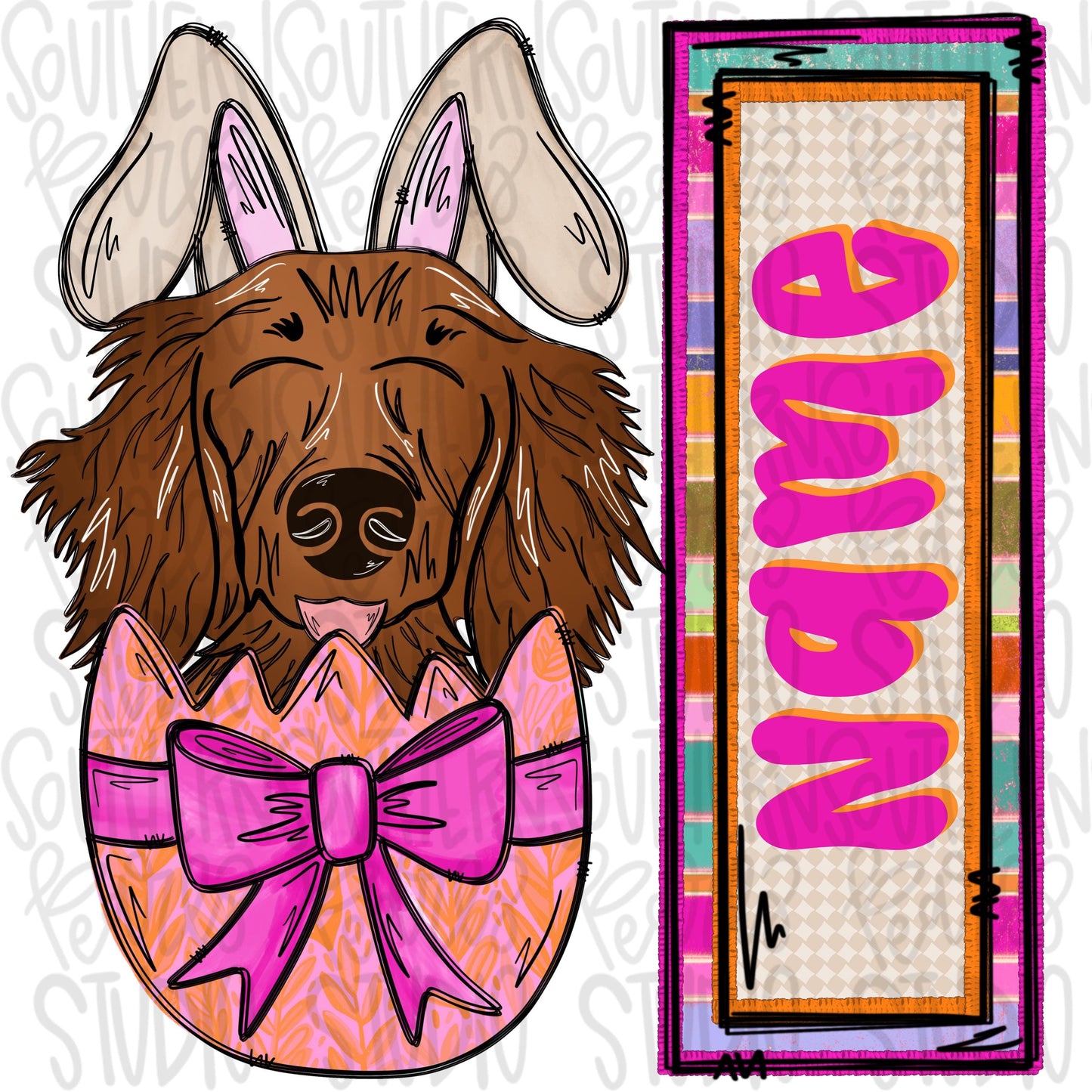 Easter dog in egg with bunny ears and name patch girl long hair dachshund | Sublimation Design | Digital Download | Women’s, Kids Shirt PNG