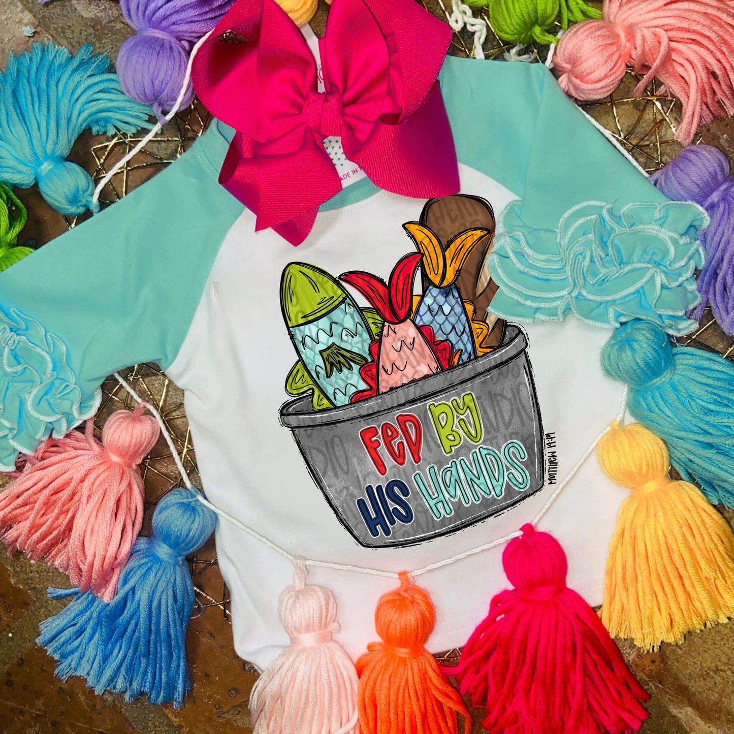 Fed by His hands | Loaves and Fish in bucket | Matthew 14:19 | Sublimation Design | Digital Download | Women’s, Kids Shirt PNG