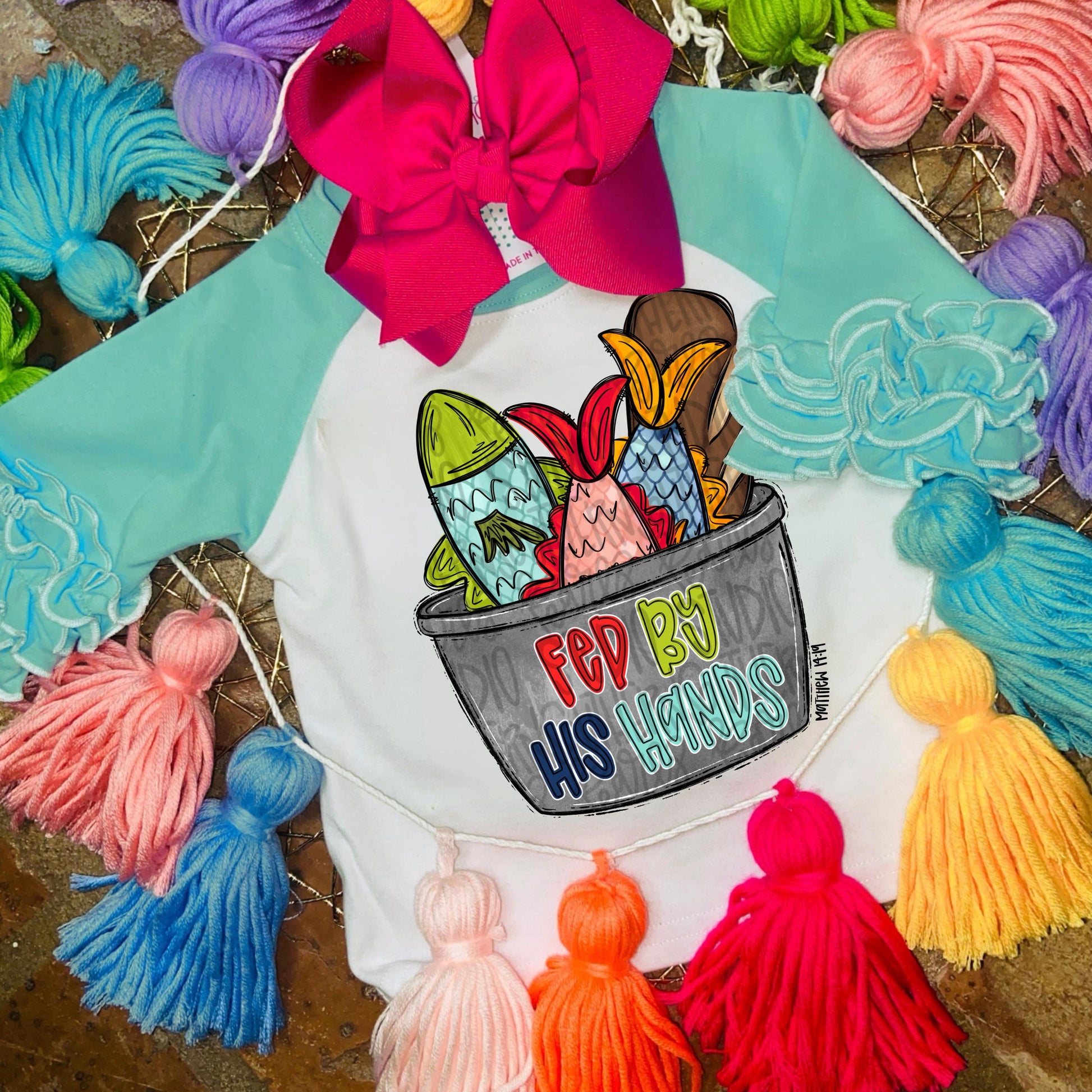 Fed by His hands | Loaves and Fish in bucket | Matthew 14:19 | Sublimation Design | Digital Download | Women’s, Kids Shirt PNG