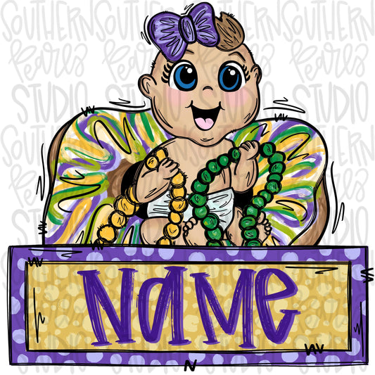 King cake baby girl holding beads with name patch | Mardi Gras | Sublimation Design | Digital Download | Women’s, Kids Shirt PNG