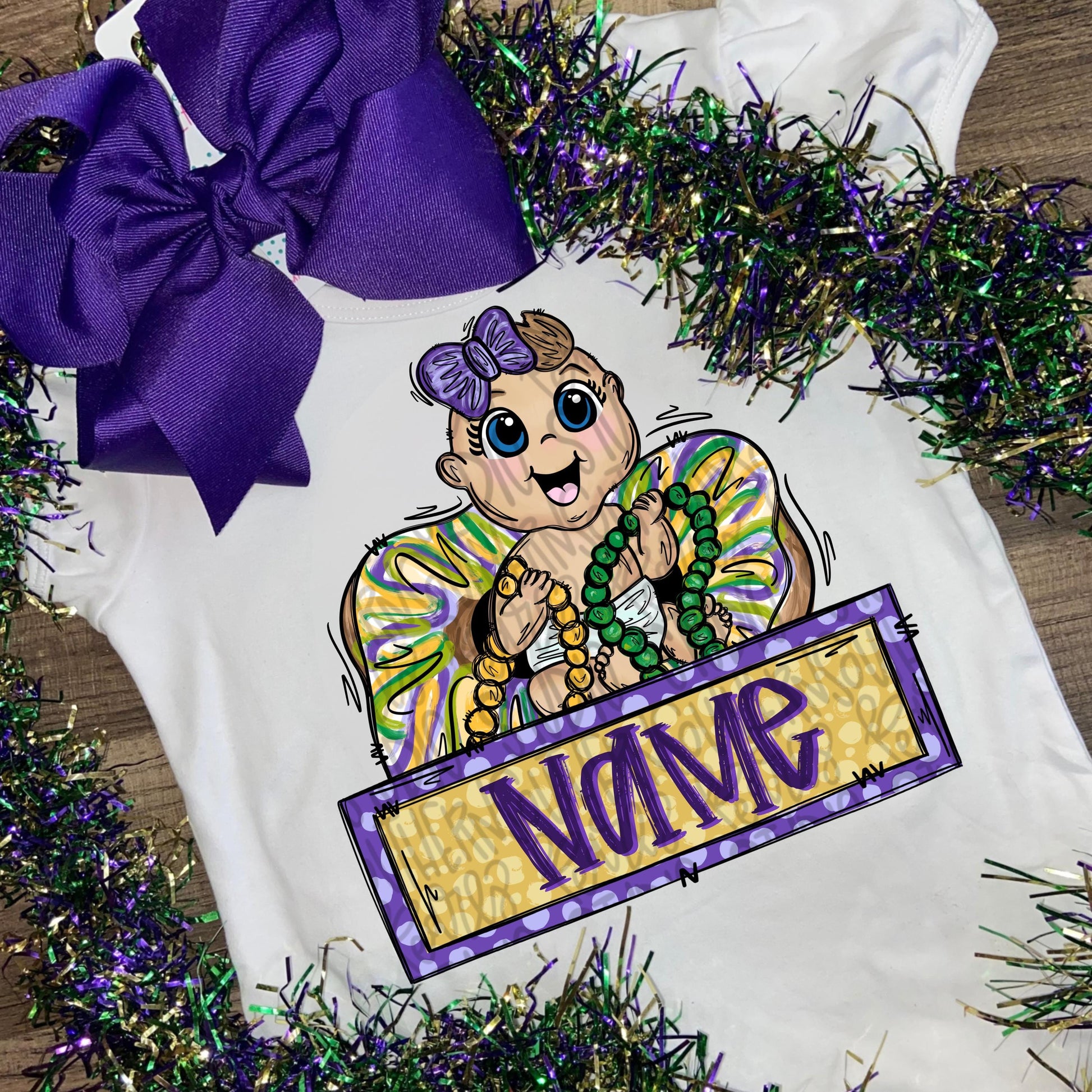 King cake baby girl holding beads with name patch | Mardi Gras | Sublimation Design | Digital Download | Women’s, Kids Shirt PNG