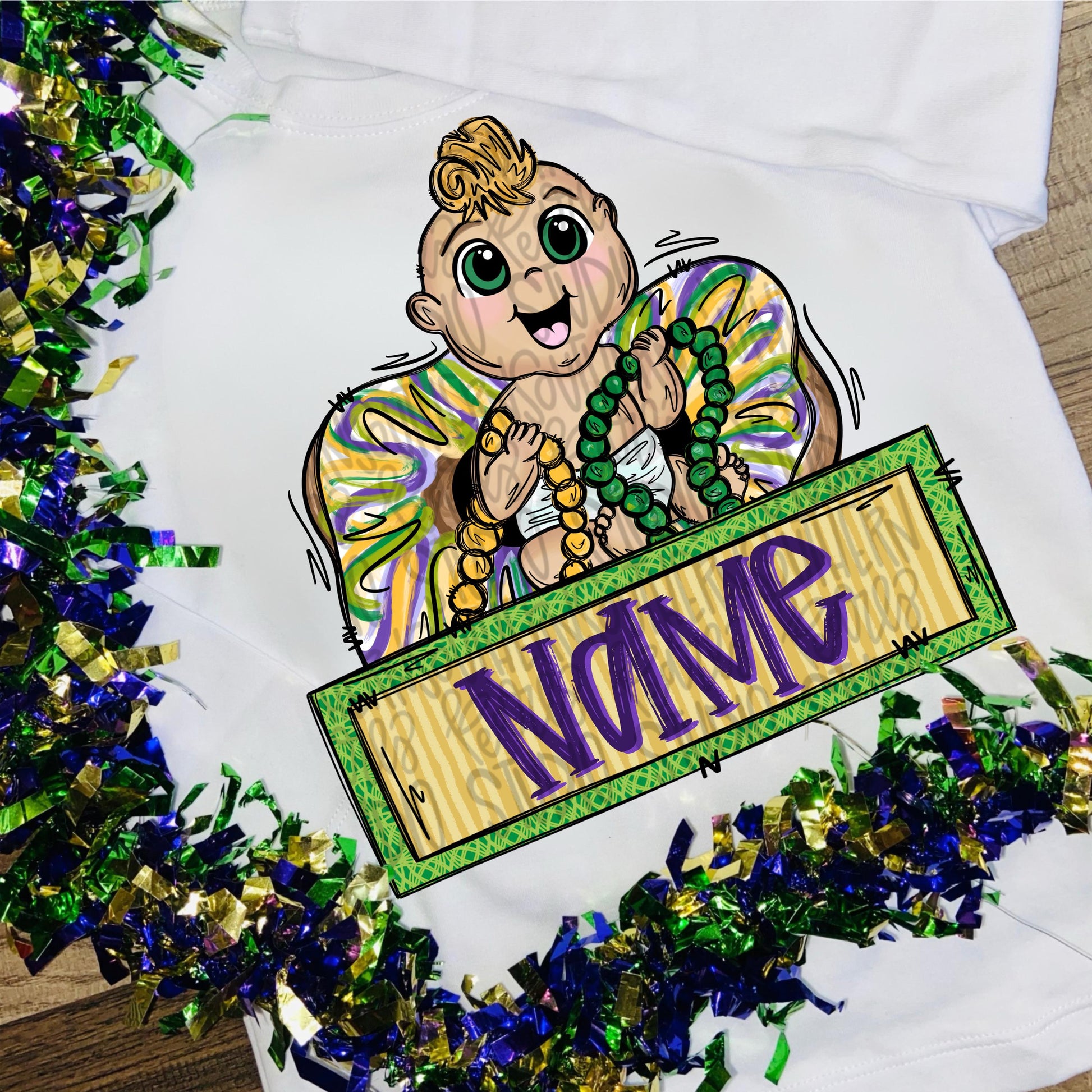 King cake baby boy holding beads with name patch | Mardi Gras | Sublimation Design | Digital Download | Women’s, Kids Shirt PNG