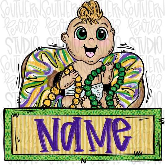 King cake baby boy holding beads with name patch | Mardi Gras | Sublimation Design | Digital Download | Women’s, Kids Shirt PNG