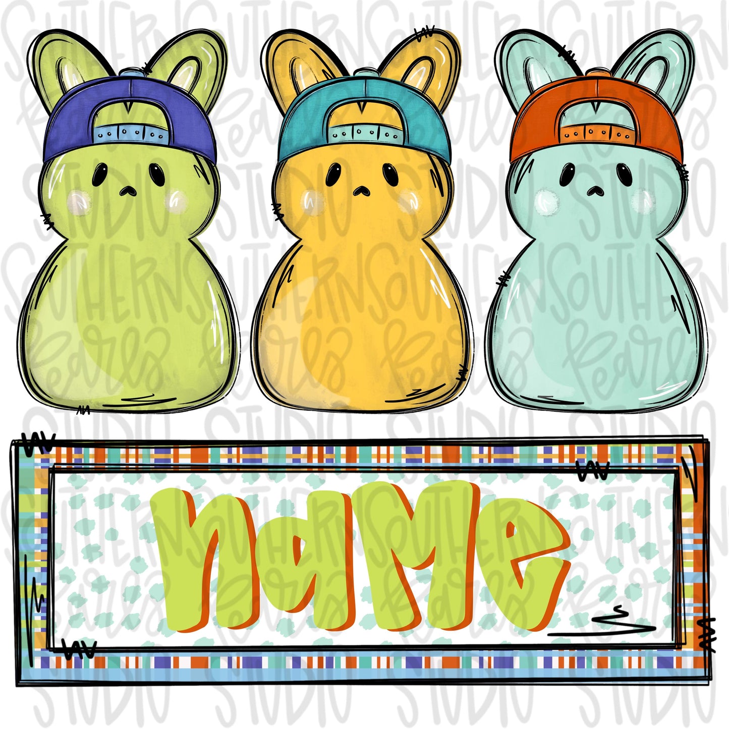 Marshmallow bunny trio with name patch boy | Sublimation Design | Digital Download | Women’s, Kids Shirt PNG
