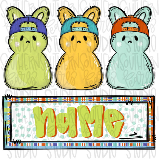 Marshmallow bunny trio with name patch boy | Sublimation Design | Digital Download | Women’s, Kids Shirt PNG