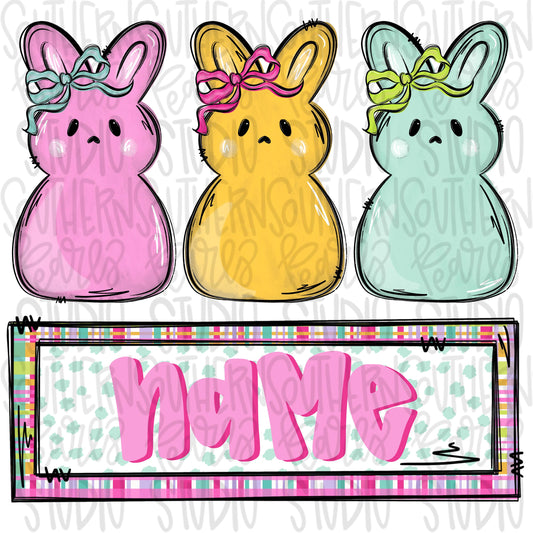 Marshmallow bunny trio with name patch boy | Sublimation Design | Digital Download | Women’s, Kids Shirt PNG
