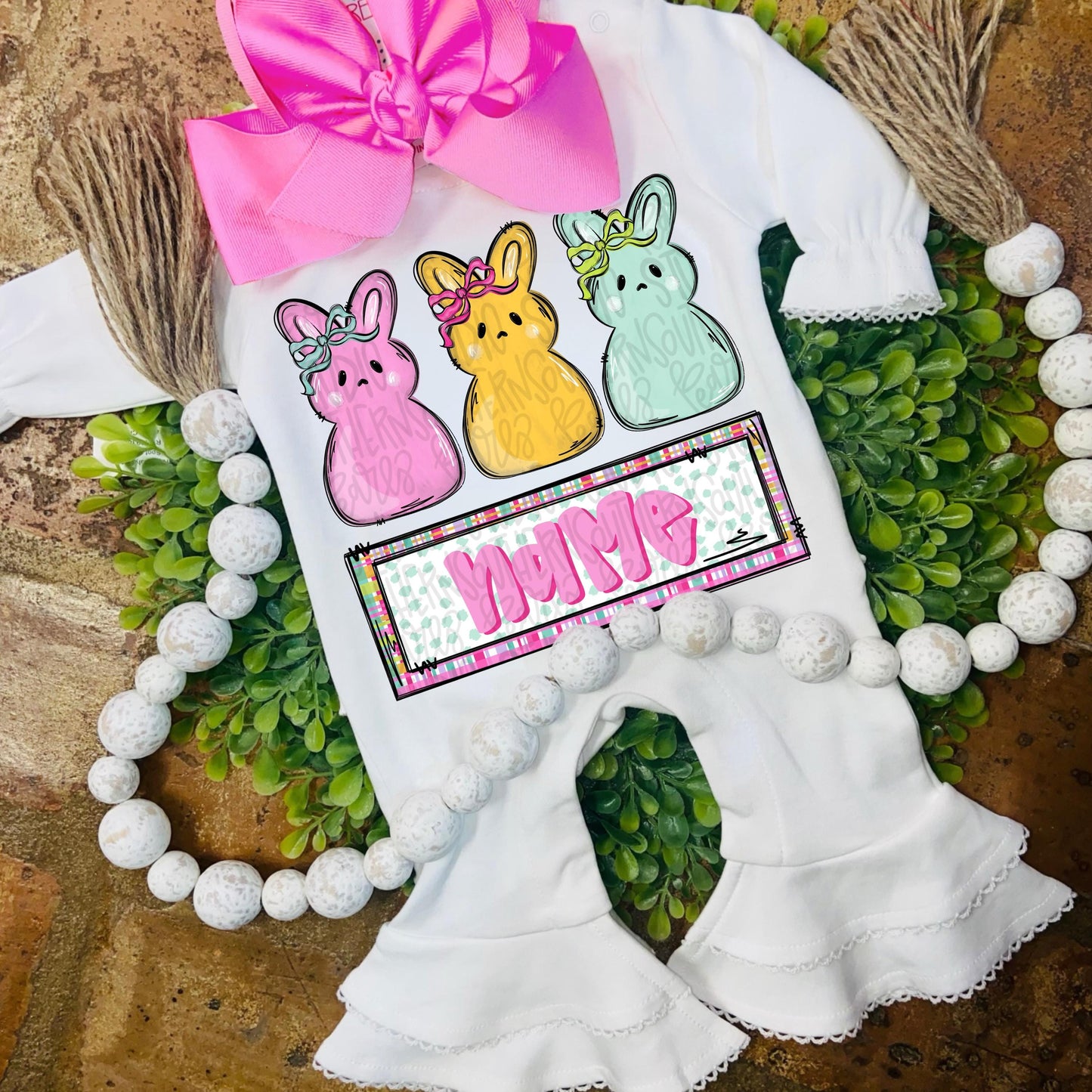 Marshmallow bunny trio with name patch boy | Sublimation Design | Digital Download | Women’s, Kids Shirt PNG