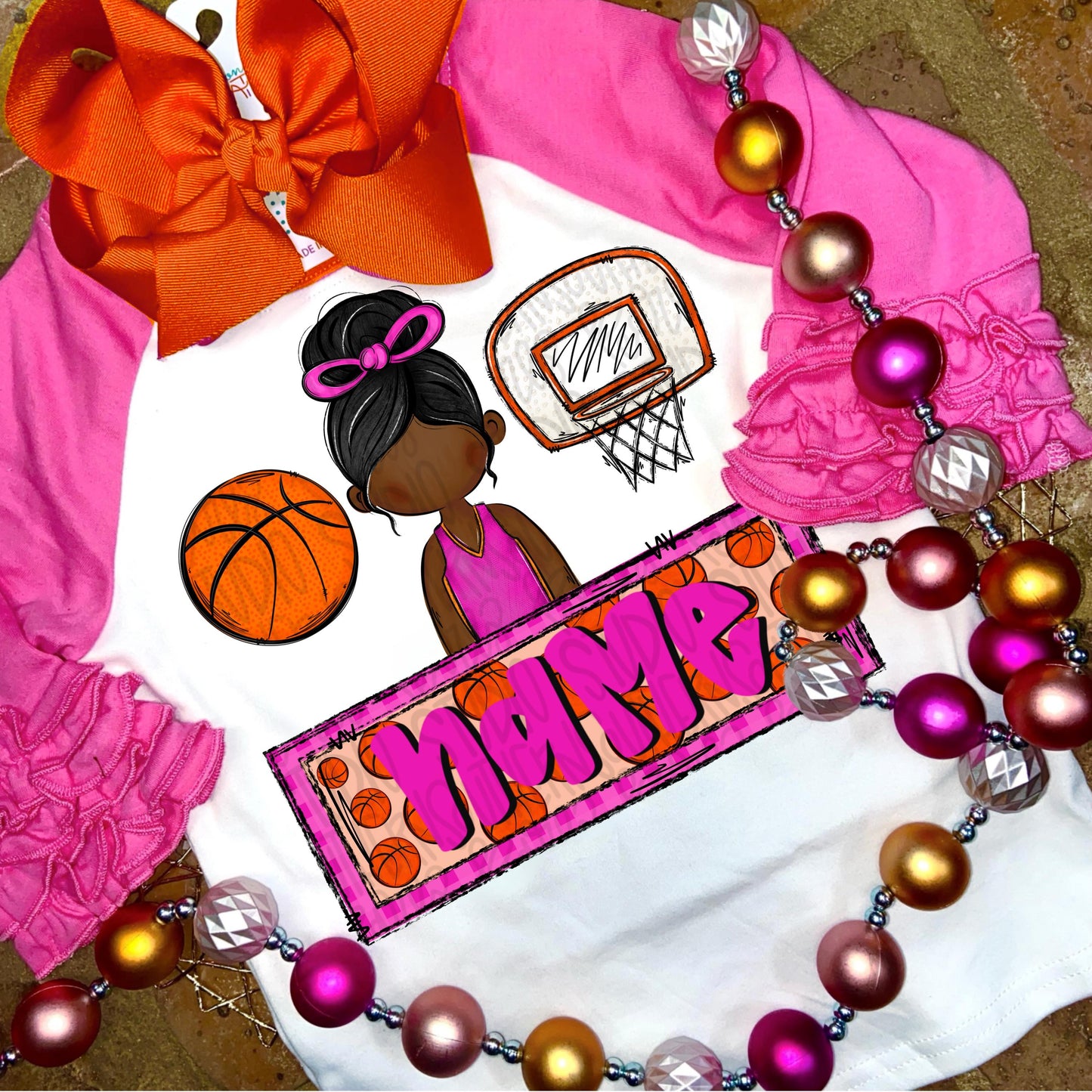 Basketball trio with name patch | basketball girl hoop post | black hair | Sublimation Design | Digital Download | Women’s, Kids Shirt PNG