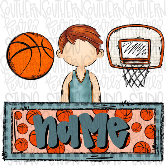 Basketball trio with name patch | basketball boy hoop post | red hair | Sublimation Design | Digital Download | Women’s, Kids Shirt PNG