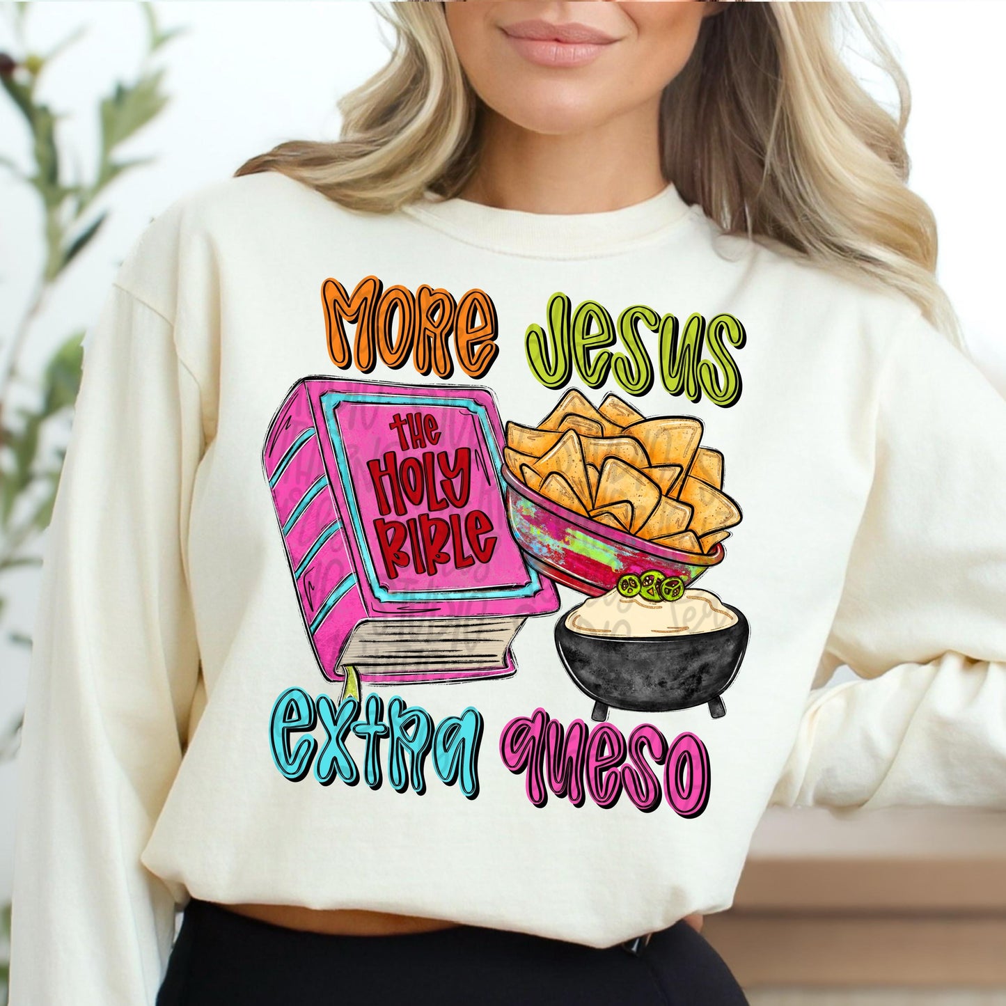 More Jesus Extra Queso | Bible and chips with queso | Sublimation Design | Digital Download | Women’s, Kids Shirt PNG
