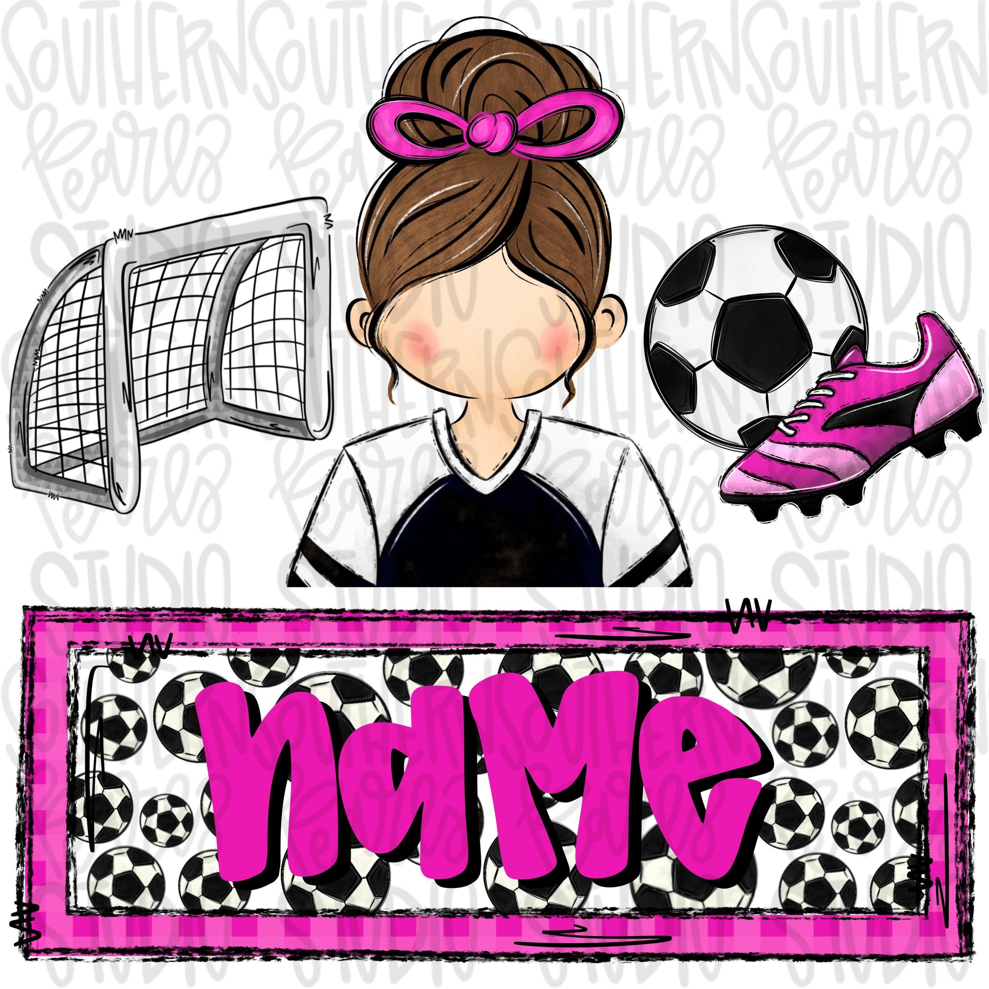 Soccer trio with name patch | soccer girl goal ball cleats | brunette | Sublimation Design | Digital Download | Women’s, Kids Shirt PNG