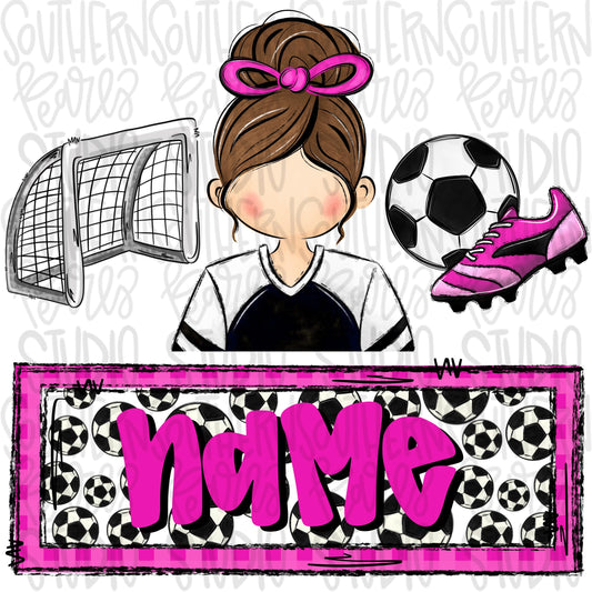 Soccer trio with name patch | soccer girl goal ball cleats | brunette | Sublimation Design | Digital Download | Women’s, Kids Shirt PNG