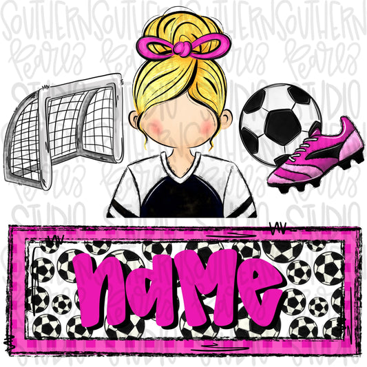Soccer trio with name patch | soccer girl goal ball cleats | blonde | Sublimation Design | Digital Download | Women’s, Kids Shirt PNG