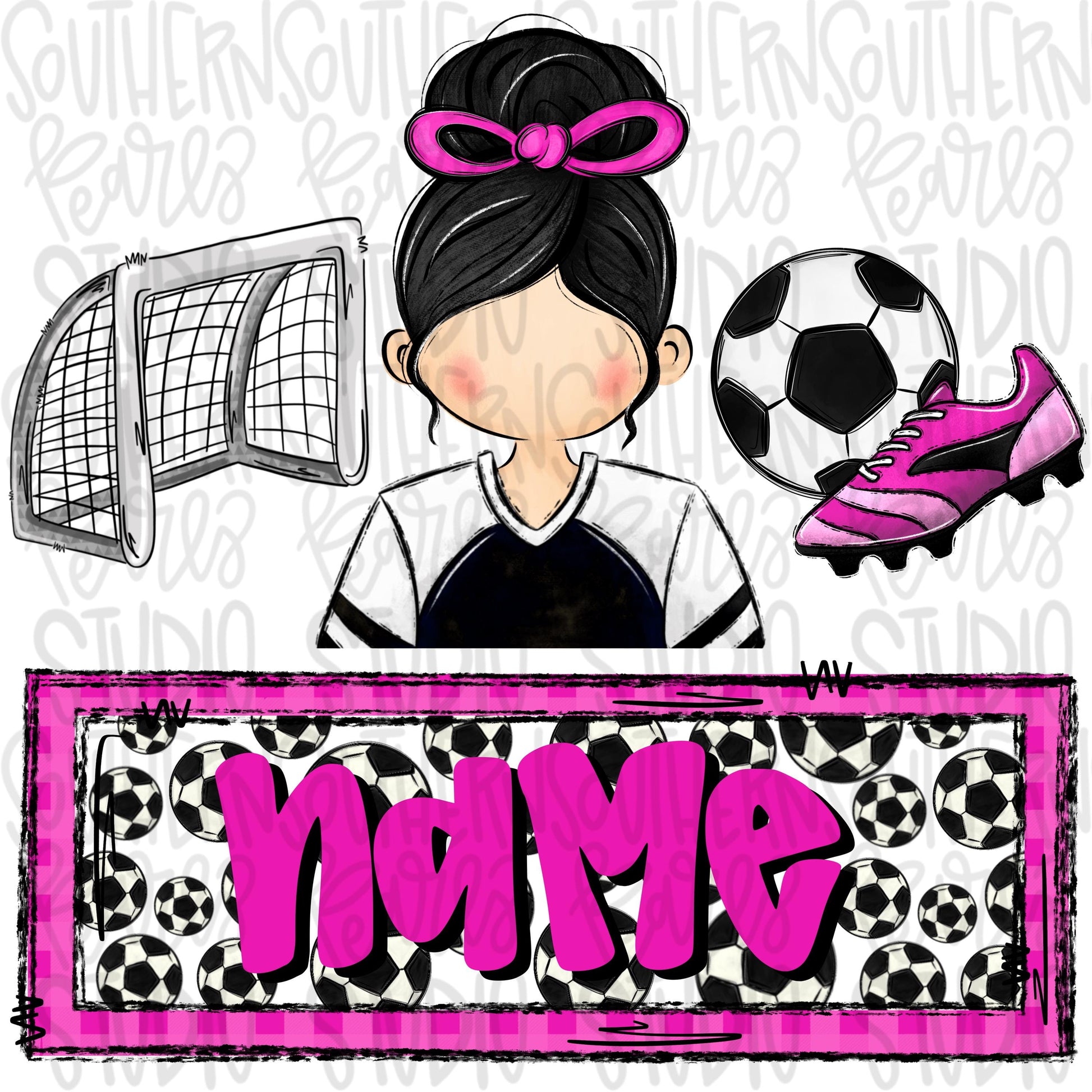 Soccer trio with name patch | soccer girl goal ball cleats | black hair | Sublimation Design | Digital Download | Women’s, Kids Shirt PNG