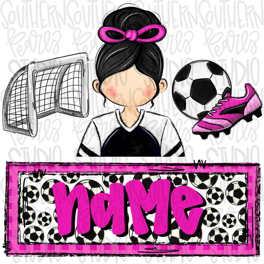 Soccer trio with name patch | soccer girl goal ball cleats | black hair | Sublimation Design | Digital Download | Women’s, Kids Shirt PNG