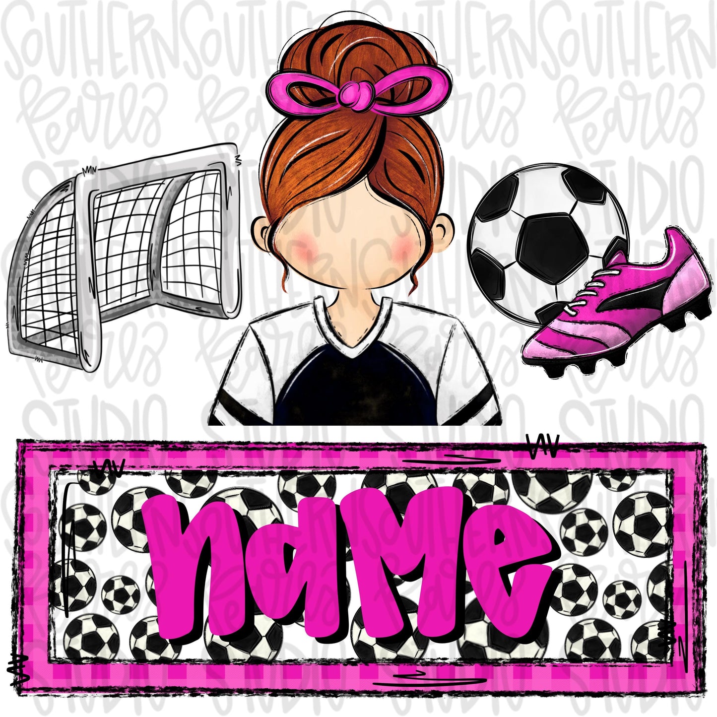 Soccer trio with name patch | soccer girl goal ball cleats | red hair | Sublimation Design | Digital Download | Women’s, Kids Shirt PNG
