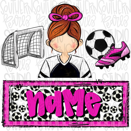 Soccer trio with name patch | soccer girl goal ball cleats | red hair | Sublimation Design | Digital Download | Women’s, Kids Shirt PNG